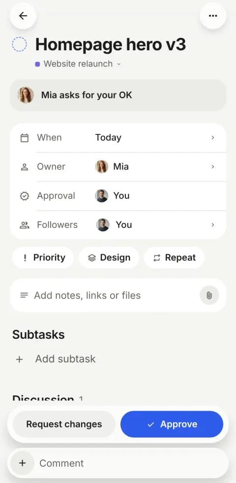 A task page reading “Mia asks for your OK” with a dashed checkbox, the approval row showing You, and Request changes and Approve buttons over the comment bar.