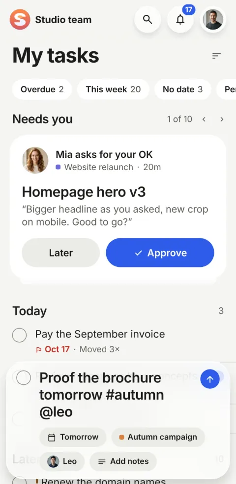 Quick add over My tasks: the sentence “Proof the brochure tomorrow #autumn @leo” with chips for Tomorrow, Autumn campaign and Leo, and a round send button.